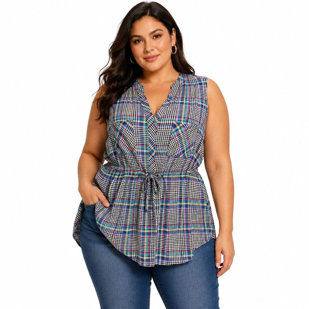 Torrid Blouse Womens Sz Large Multicolor Plaid V Neck Sleeveless Tie Waist Top